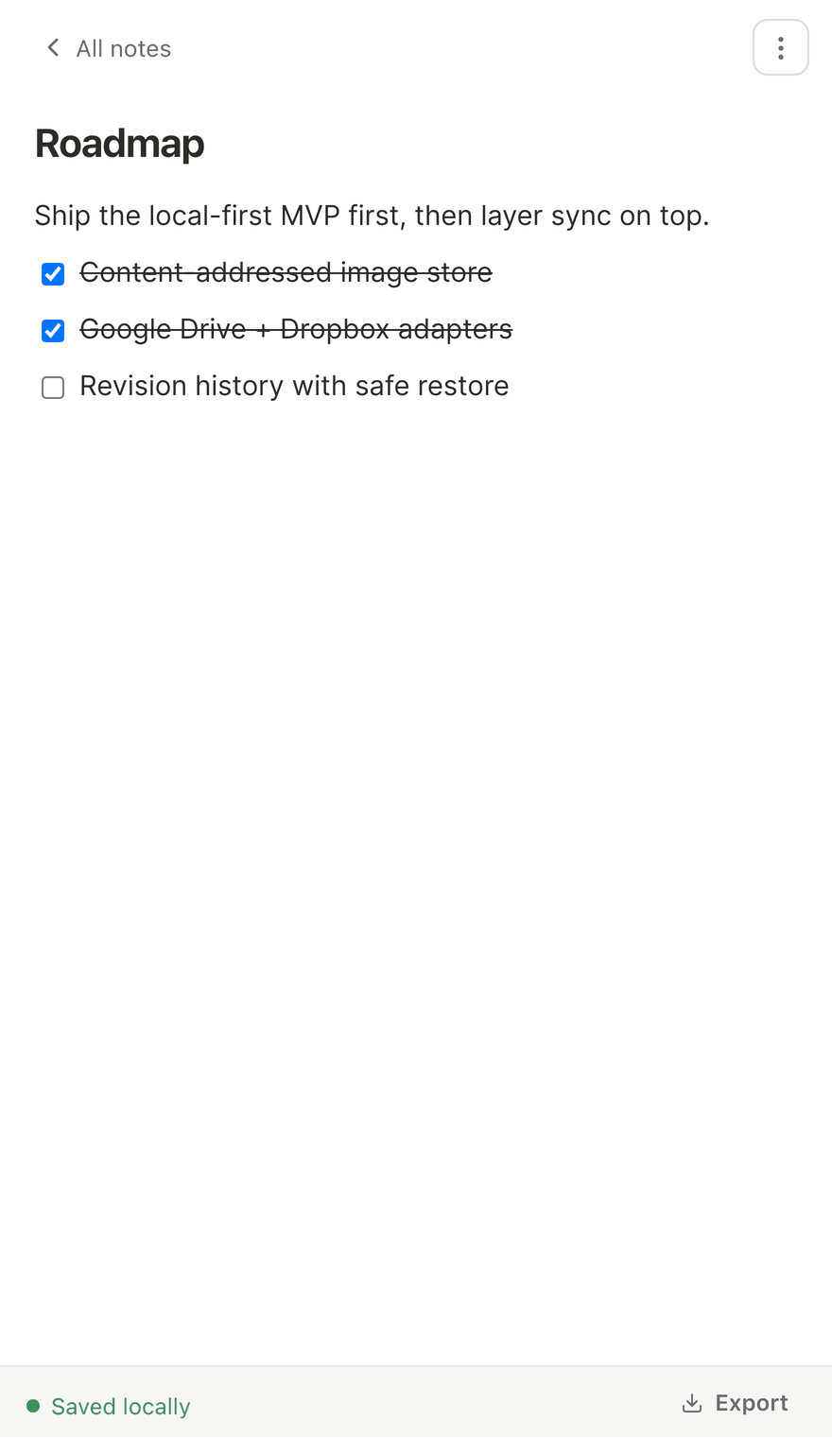 My Notes editor with a checklist