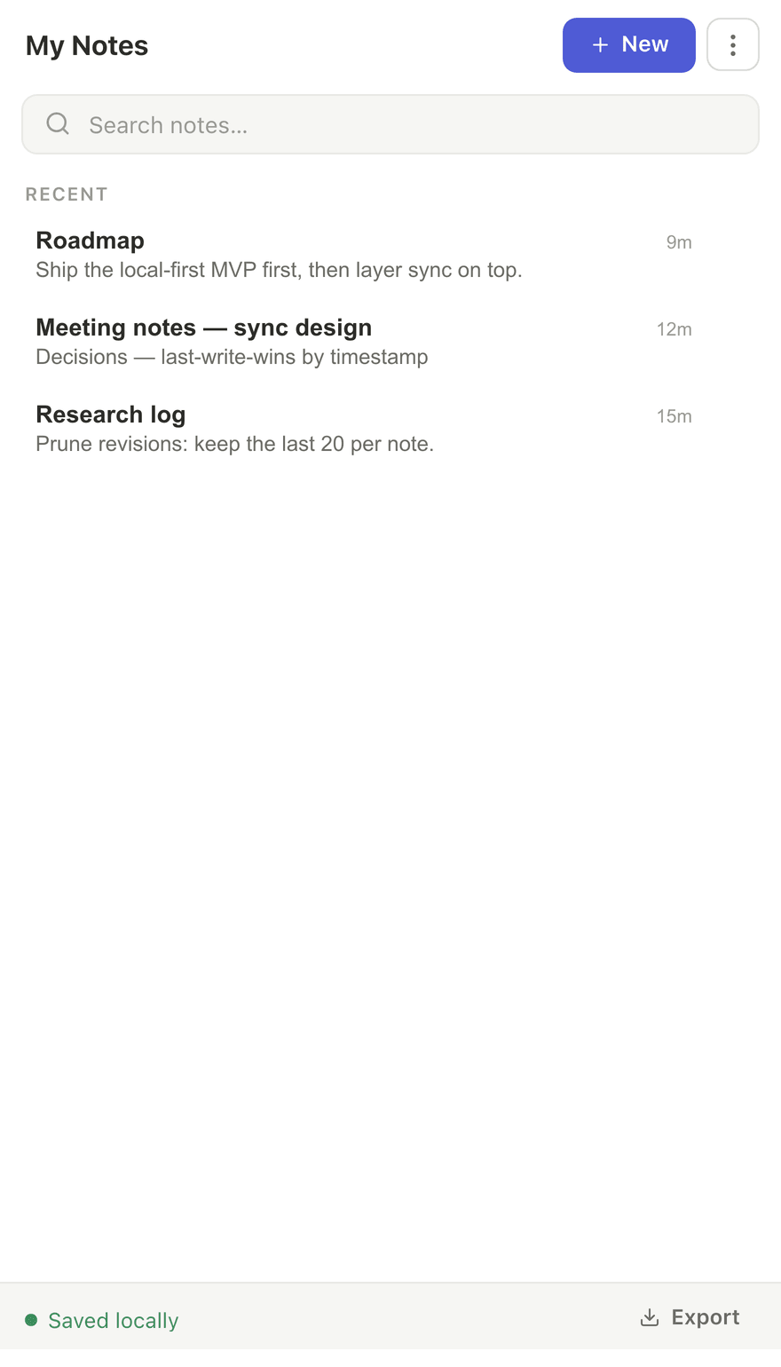 My Notes list view